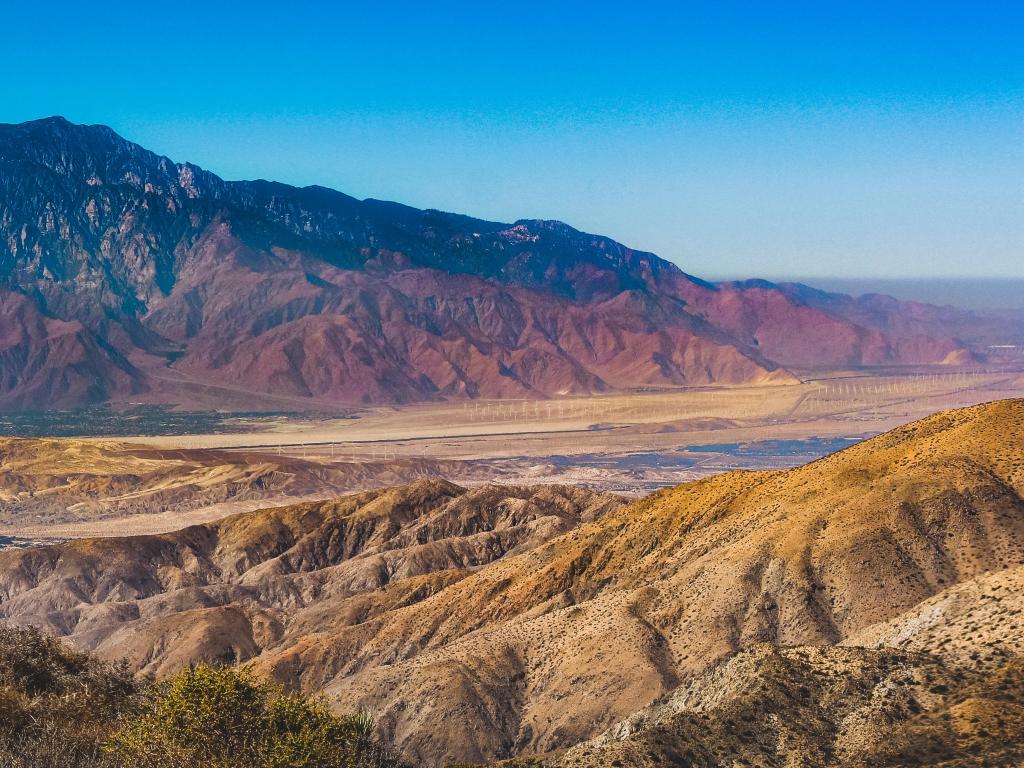 San Bernardino Mountains, California, USA with a beautiful overlook of San Bernardino Mountains and Coachella Valley from Joshua Tree's highest viewpoint, Keys View, Joshua Tree National Park, Riverside County.