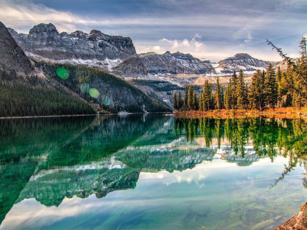 Mountain range of Kootenay National Park reflected in a body of water alongside a sun drenched, lush forest