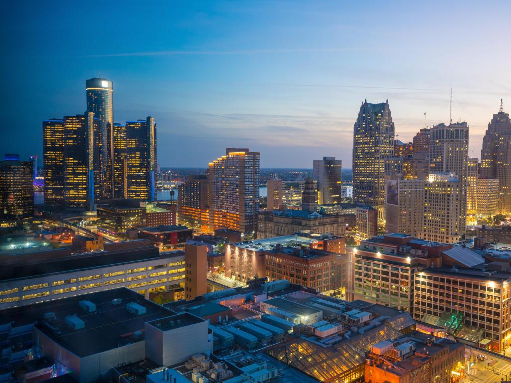 Detroit, Michigan, USA with an aerial view of downtown Detroit at twilight.