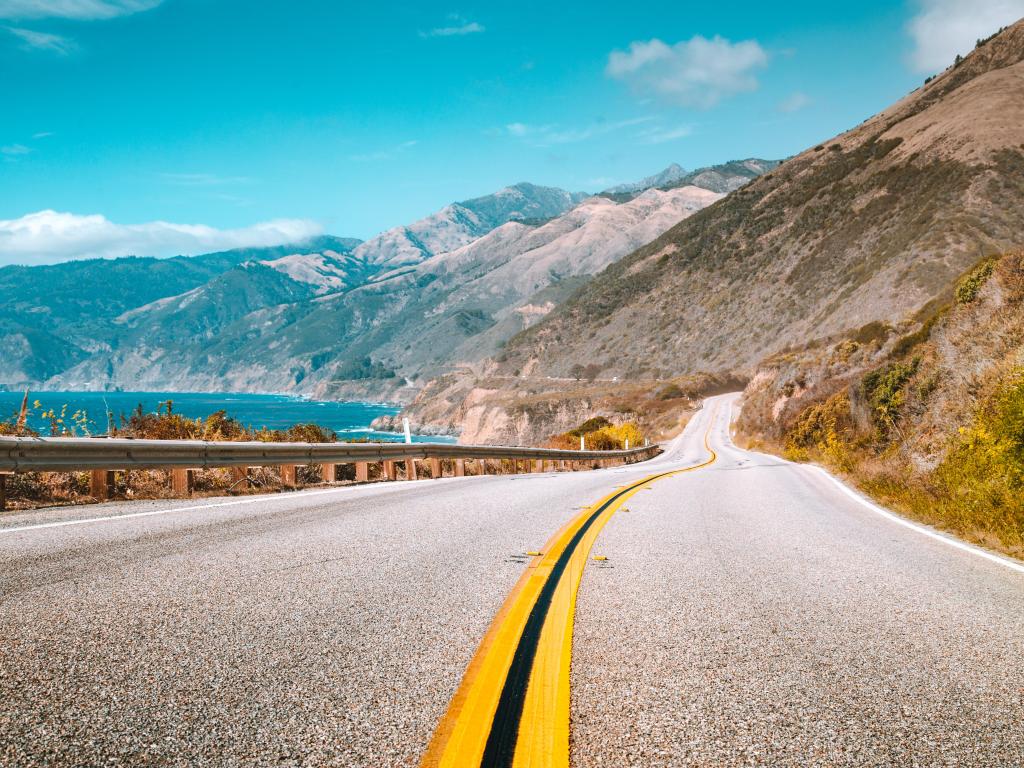 Close up view of the Pacific Coast Highway - the winding road with Big Sur in the background