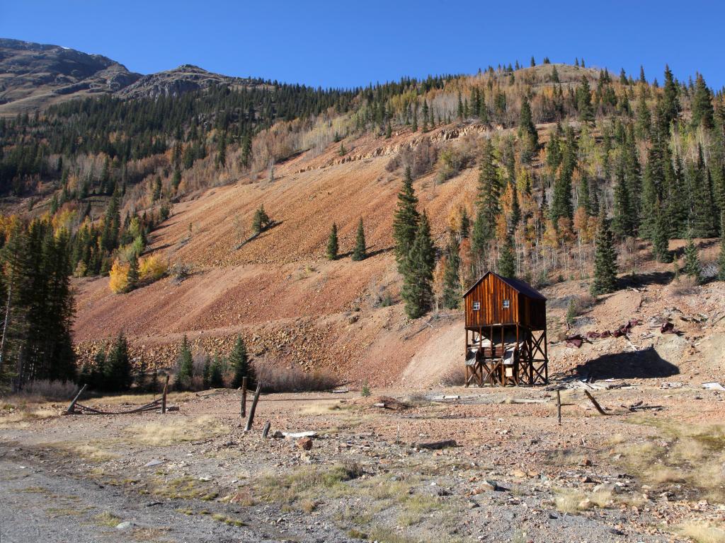 An abandoned and deserted wooden mine shaft beside the Million Dollar Highway, Colorado