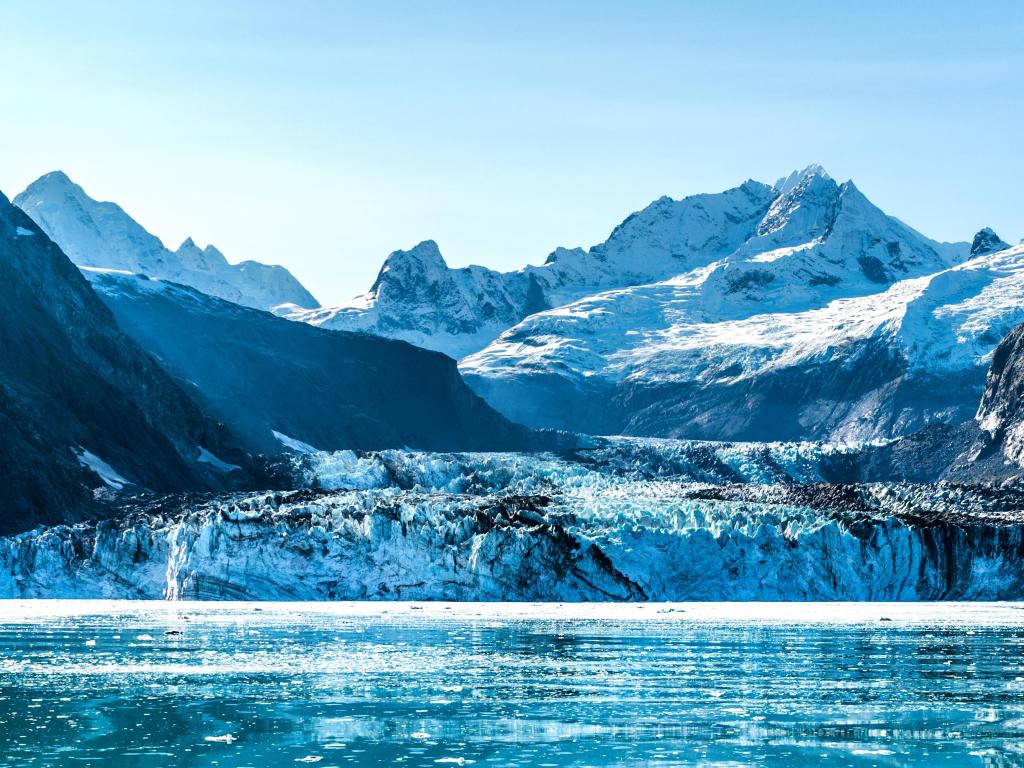View from the water of Johns Hopkins Glacier in summer in Alaska, USA