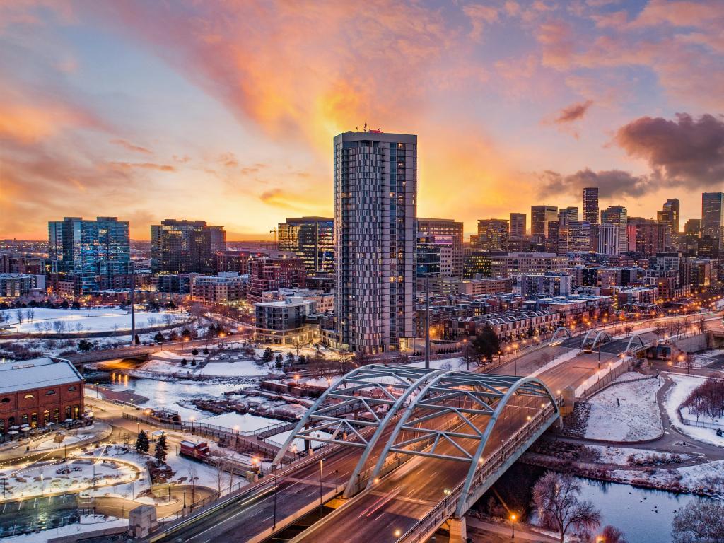 Denver, Colorado, USA taken at the downtown city as an aerial view of the skyline in winter.