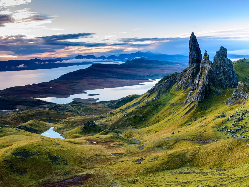Sunrise over the water at the Old Man of Storr, Isle of Skye, Scotland