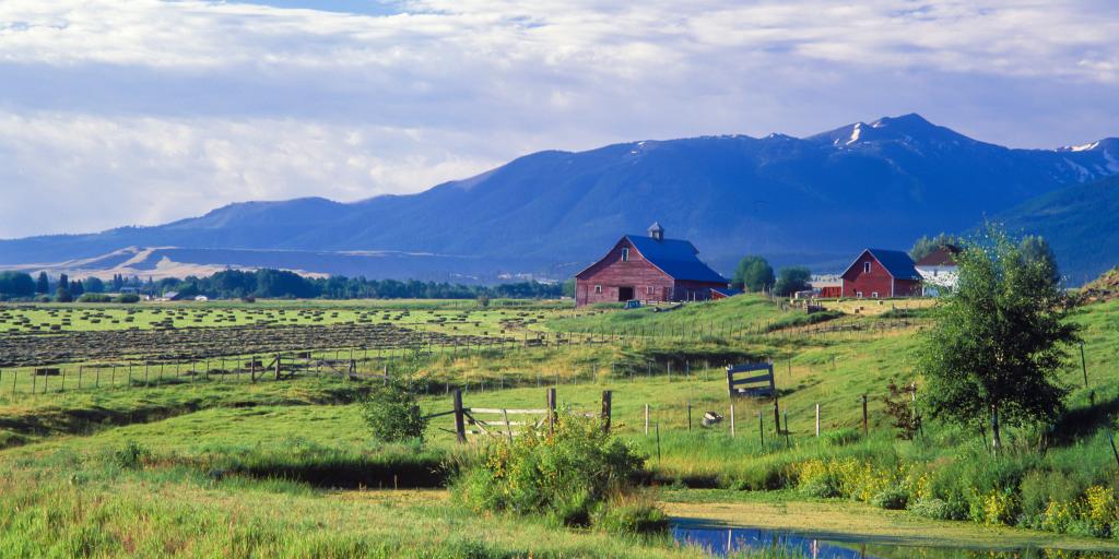 A farm near Joseph, Oregon with the Wallowa Mountains in the background