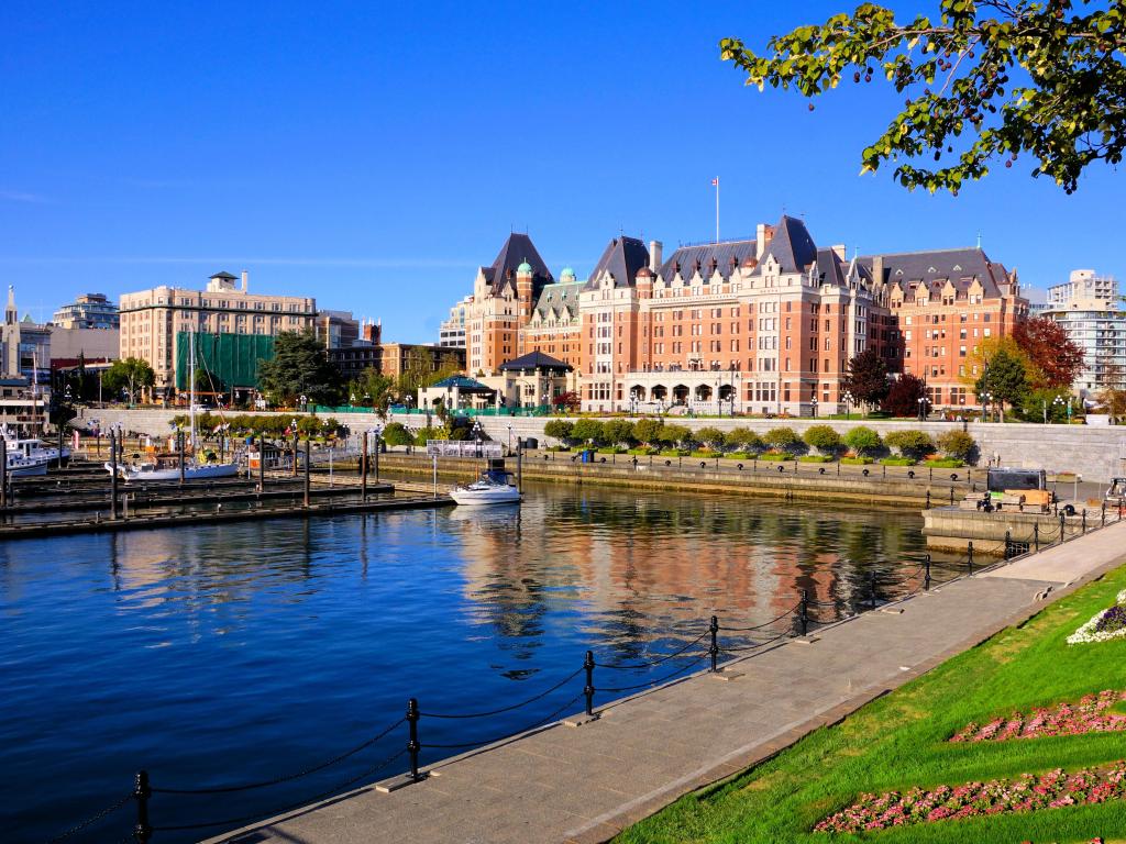 View of the historic buildings from the harbor on a sunny day