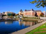View of the historic buildings from the harbor on a sunny day