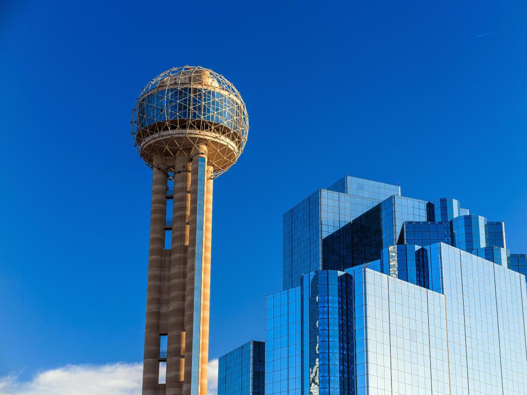 Reunion Tower, Texas cityscape with blue sky, Texas