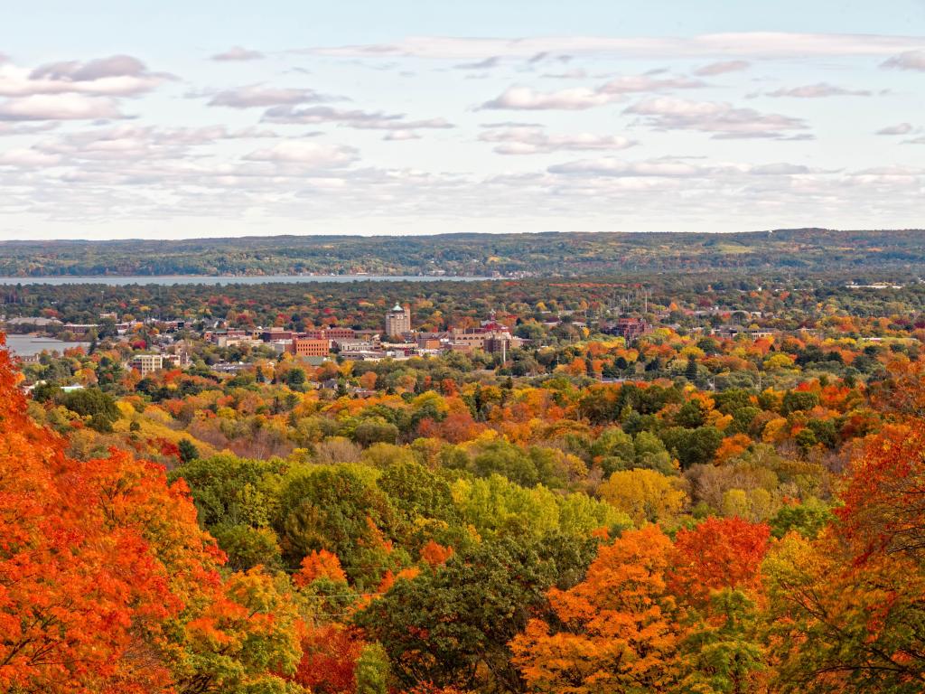 Downtown Traverse City Michigan in fall with cloudy skies