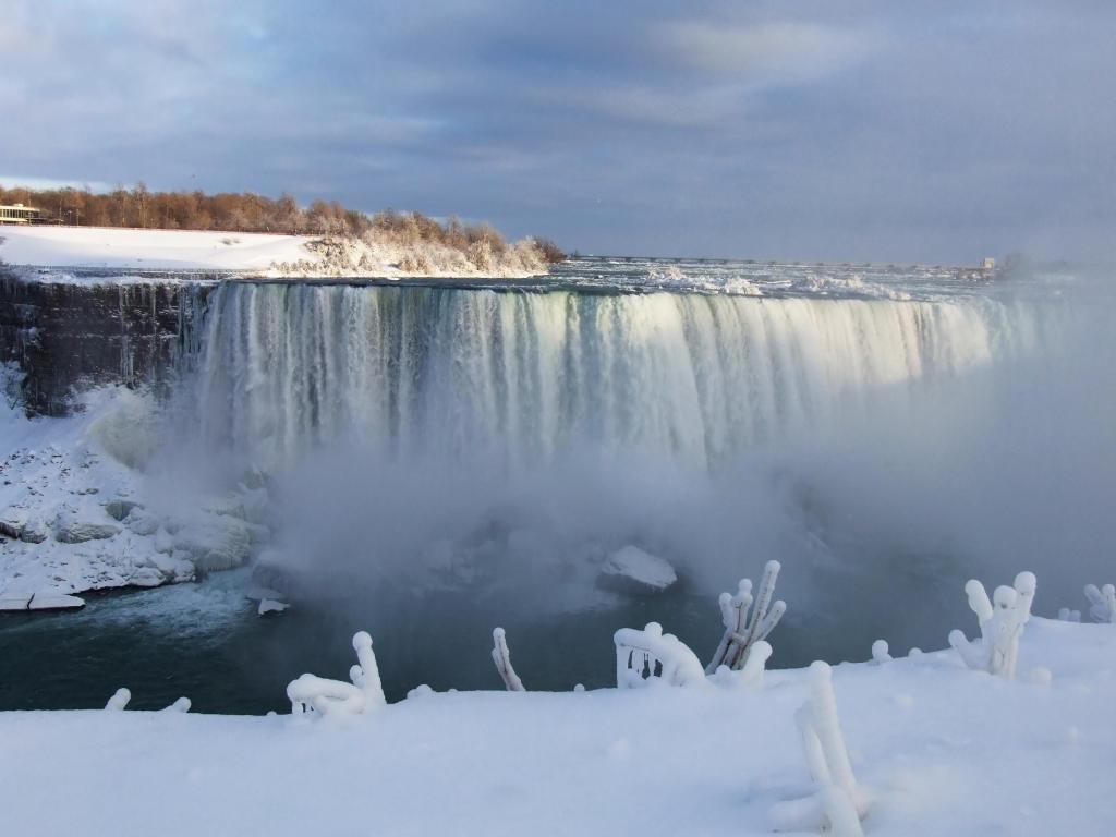 Waterfall at Niagara with snow covered ground and foliage