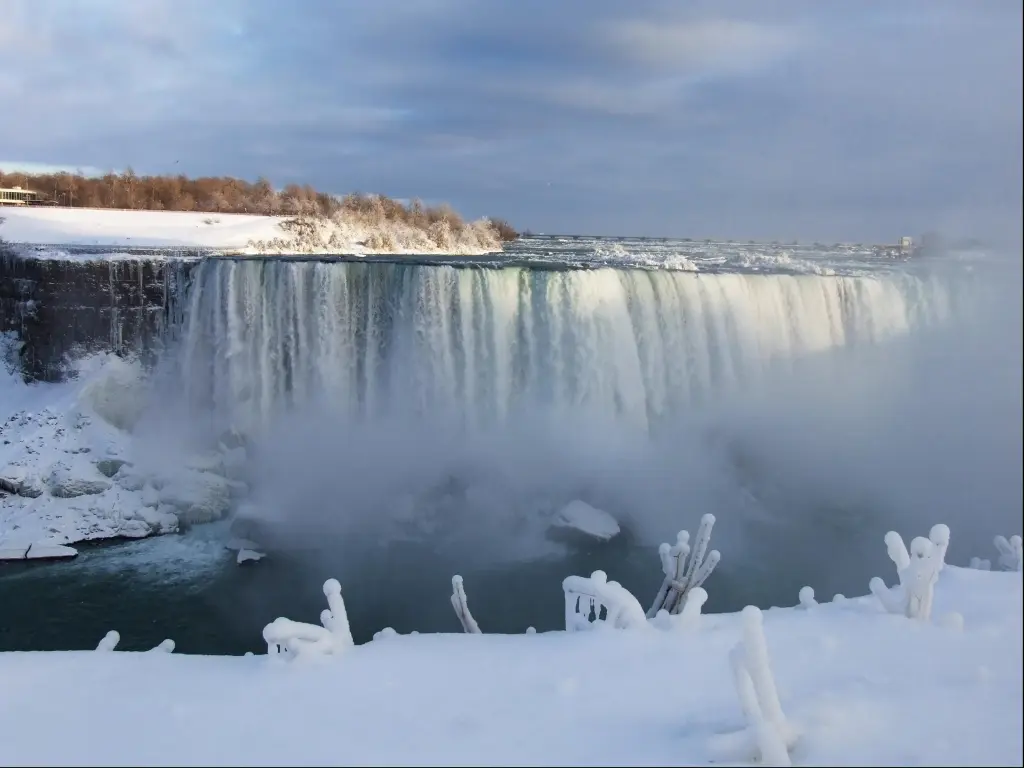 Waterfall at Niagara with snow covered ground and foliage
