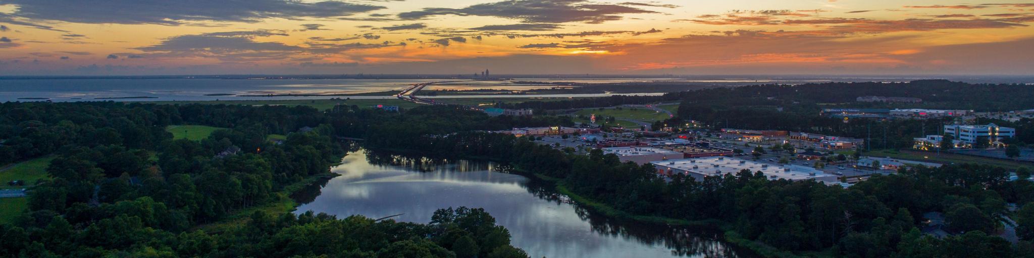 Aerial view of Lake Forest near Daphne, Alabama at sunset