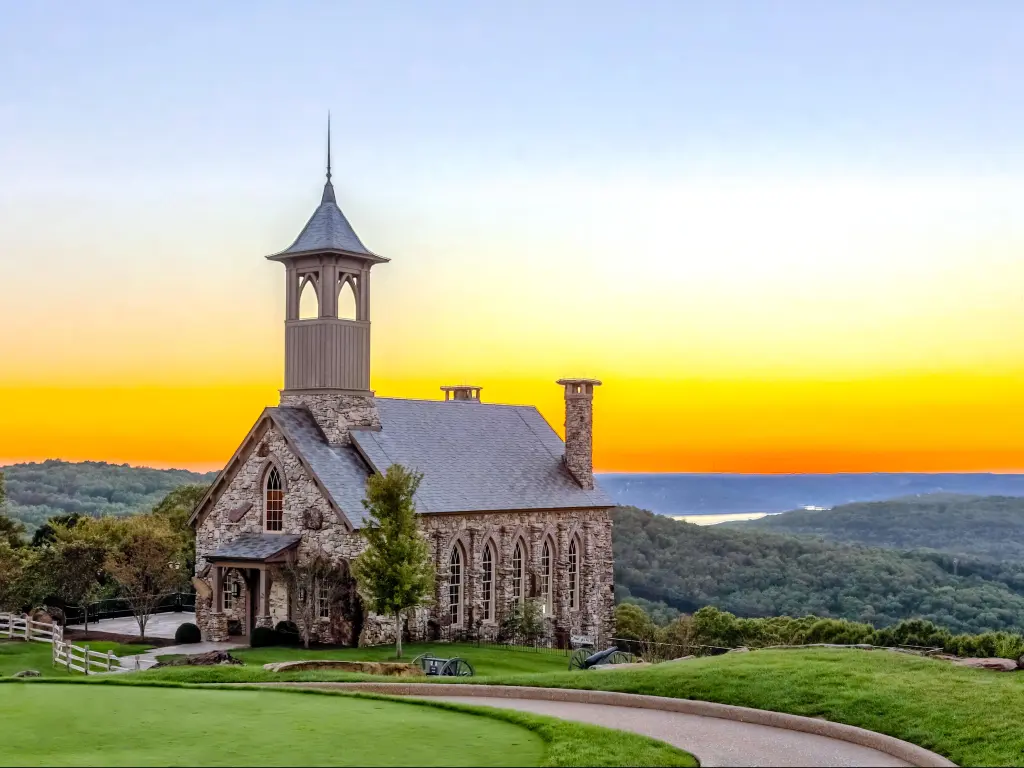 Church in the mountains during sunset at the Top of the Rock at Branson, Missouri, USA.