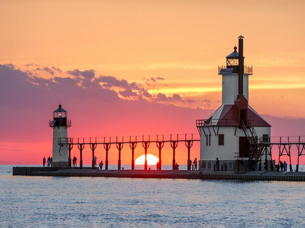 Sunset behind the Inner and Outer North Pier Lighthouses at St. Joseph, Michigan