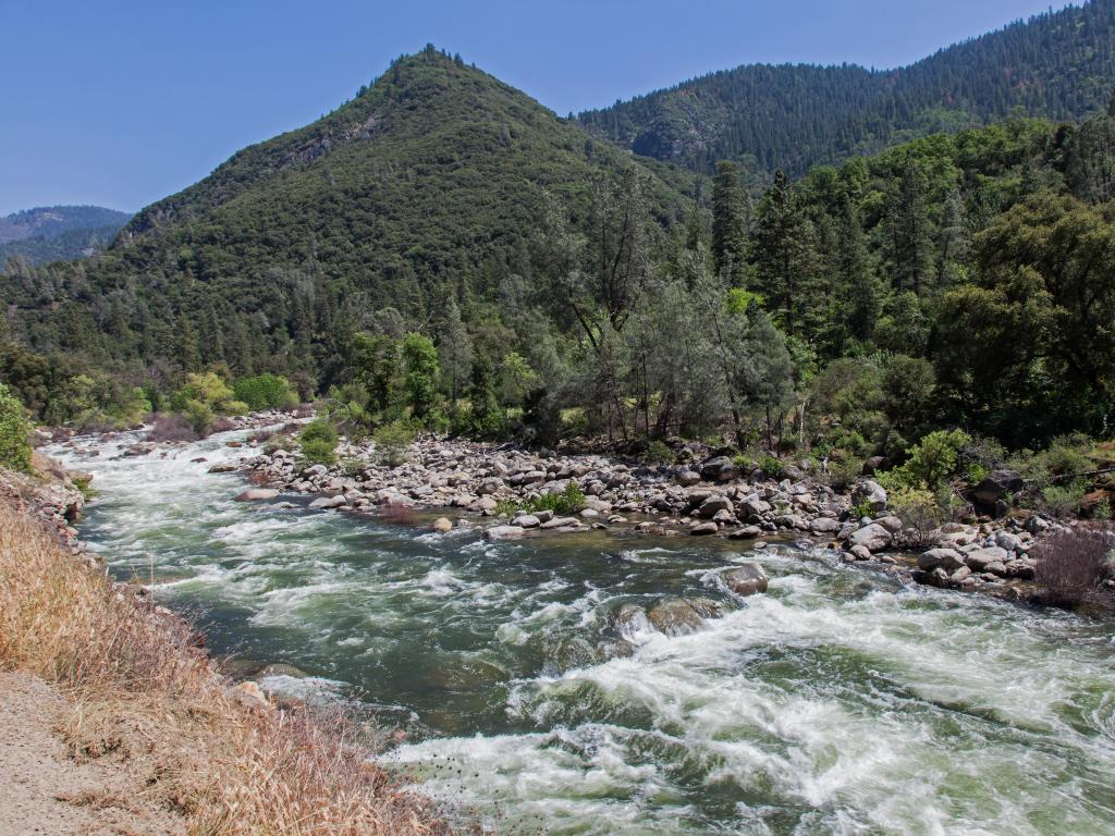 Views over rushing waters of Merced River Views driving into Yosemite National Park, surrounded by green forests and blue skies