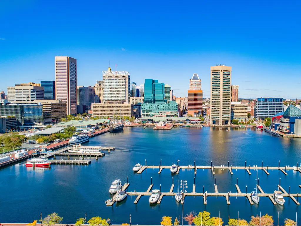 Baltimore, Maryland, USA taken at the Inner Harbor as an aerial view with boats in the foreground and the city skyline in the background on a sunny day.