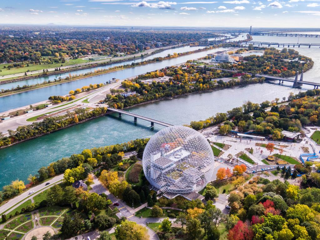 Aerial view of Montreal showing the Biosphere Environment Museum and Saint Lawrence River during Fall season