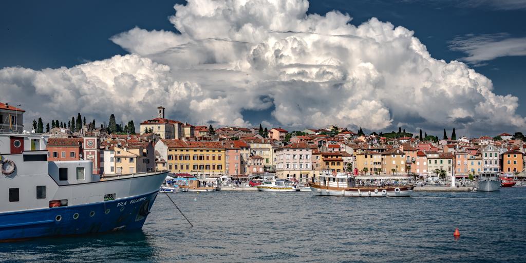 Clouds billow over the seaside town of Rovinj, Croatia, on the Istrian peninsula