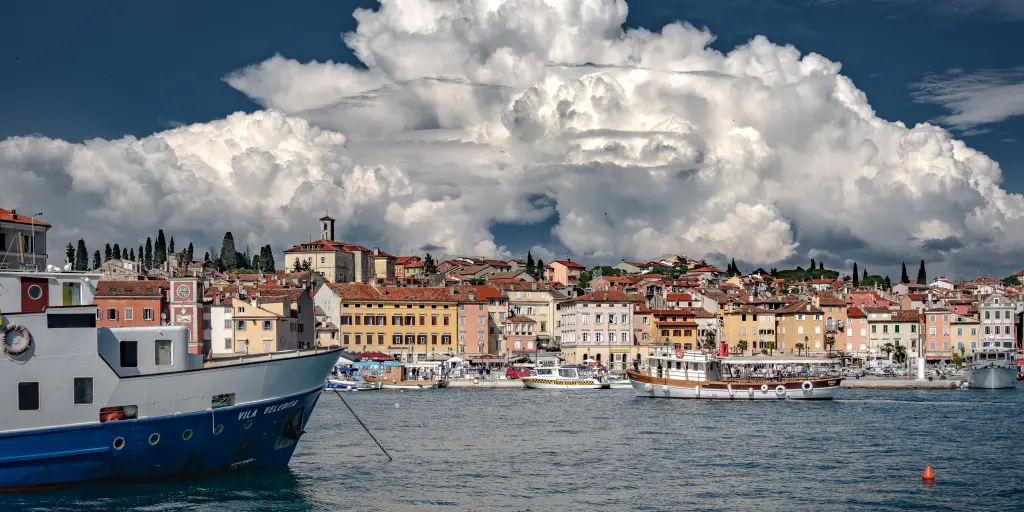 Clouds billow over the seaside town of Rovinj, Croatia, on the Istrian peninsula