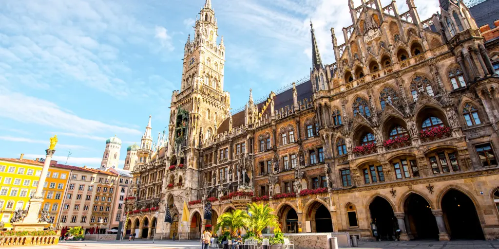 The ornate main town hall with clock tower on Marienplatz in Munich, Germany, on a sunny day