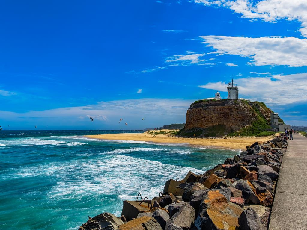 Nobbys Beach and Nobbys Lighthouse in Newcastle, New South Wales, Australia