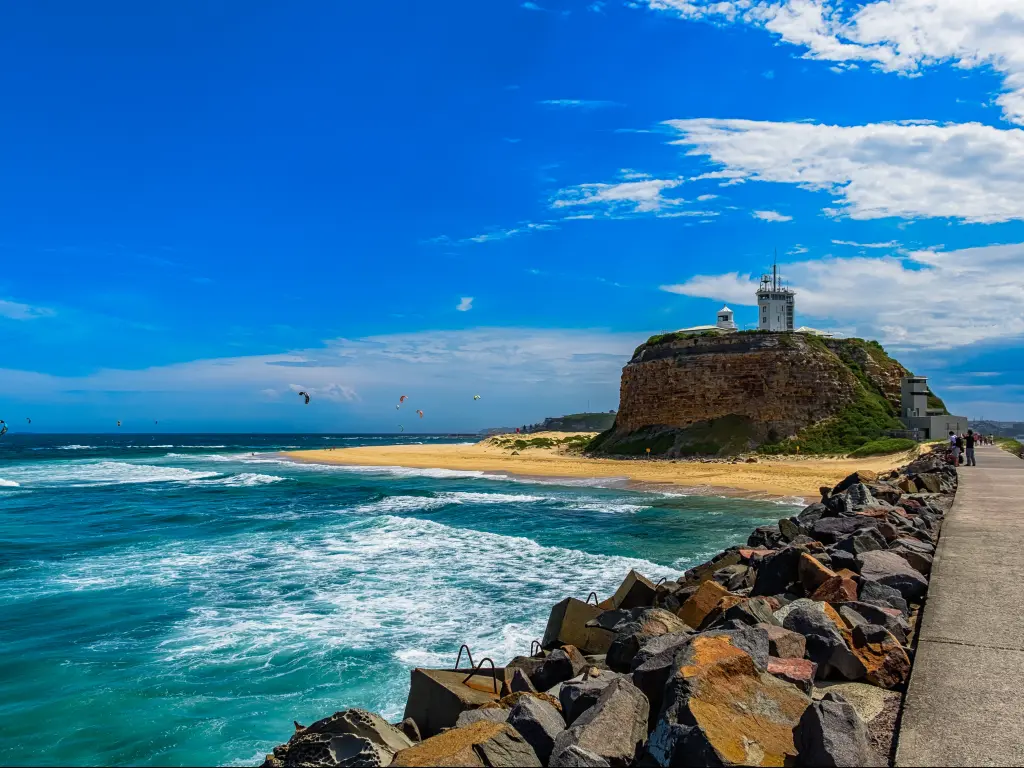 Nobbys Beach and Nobbys Lighthouse in Newcastle, New South Wales, Australia