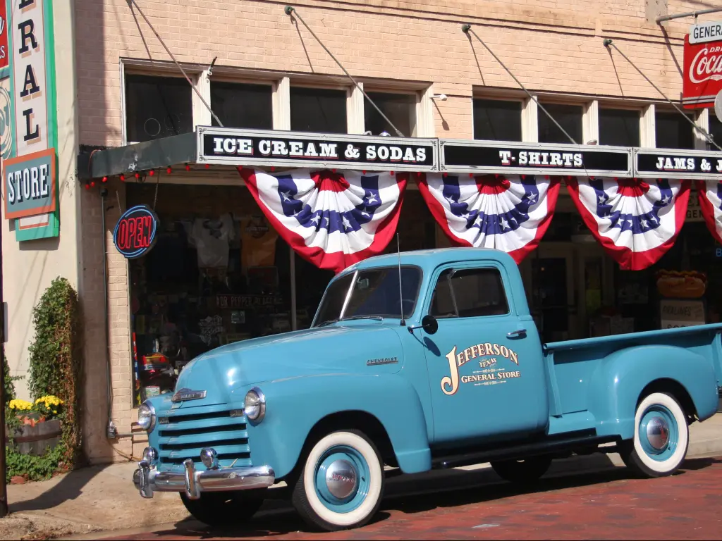 The classic blue Chevy pickup outside the Jefferson General Store in Jefferson, Texas.