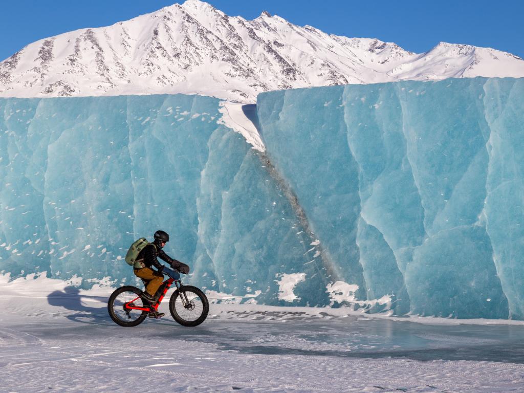 Fat biking on Knik Glacier near Anchorage, Alaska in winter