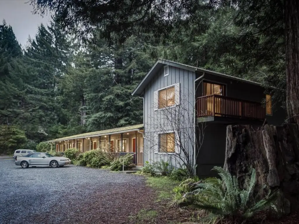 Outside the beautiful forest lodging at Trinidad Inn