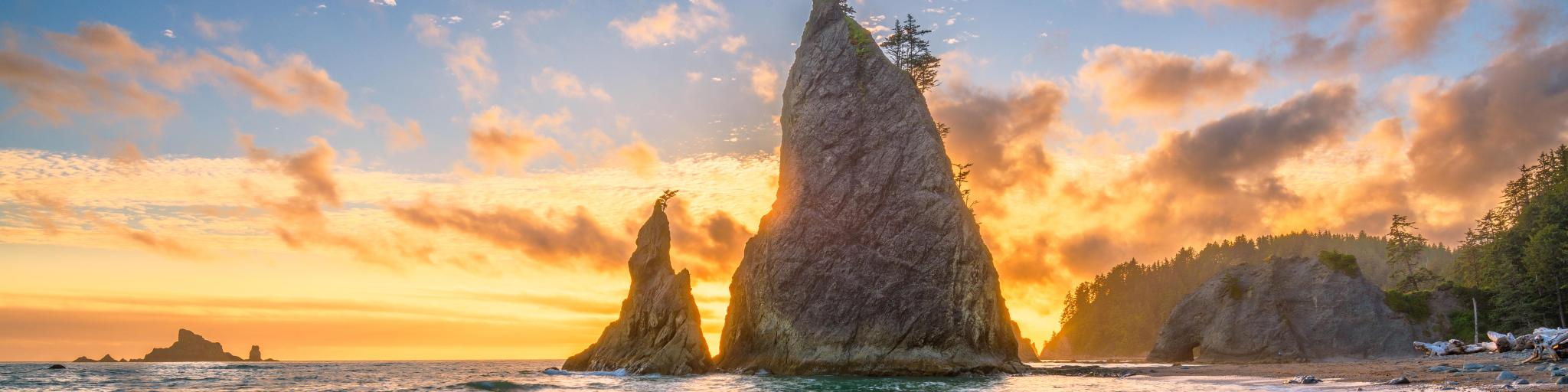 Rialto Beach in the national park, rock formation during sunset