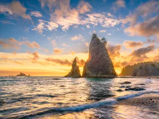 Rialto Beach in the national park, rock formation during sunset