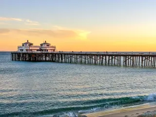 Sunset at Malibu pier and beach in Southern California