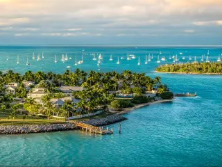 Panoramic sunrise landscape view of the small Islands Sunset Key and Wisteria Island of the Islands of Key West, Florida Keys.
