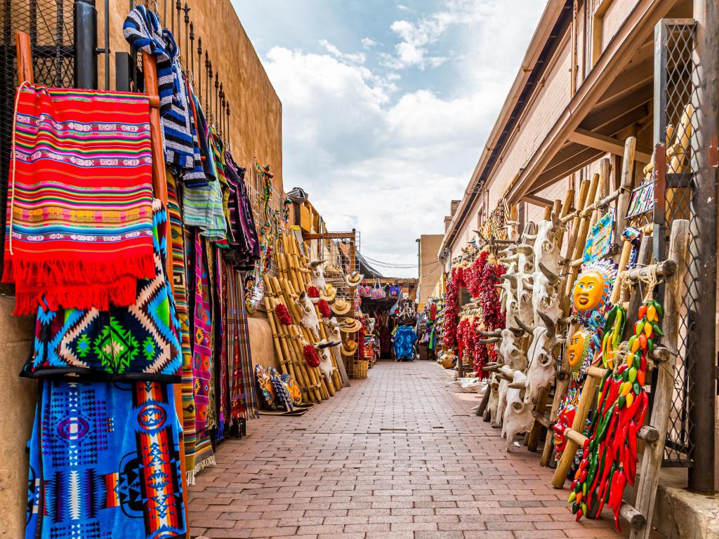 Santa Fe, New Mexico, USA one of many outdoor markets, bazaars and shops around the plaza in downtown Santa Fe.