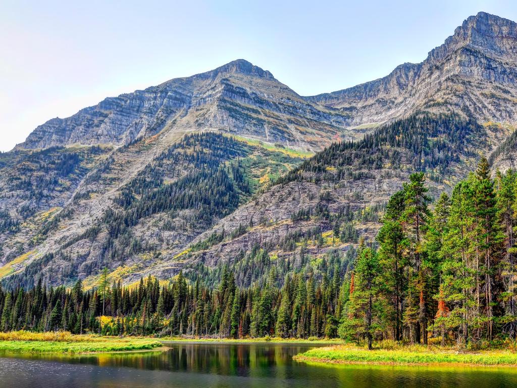 Kootenai Lake, Montana, USA with the Citadel Peaks above the Kootenai Lake near Glacier and Waterton National Parks on the USA-Canadian border on a sunny day.