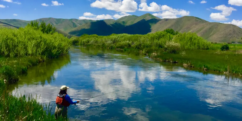 Woman fishing in a creek near Sun Valley, Idaho