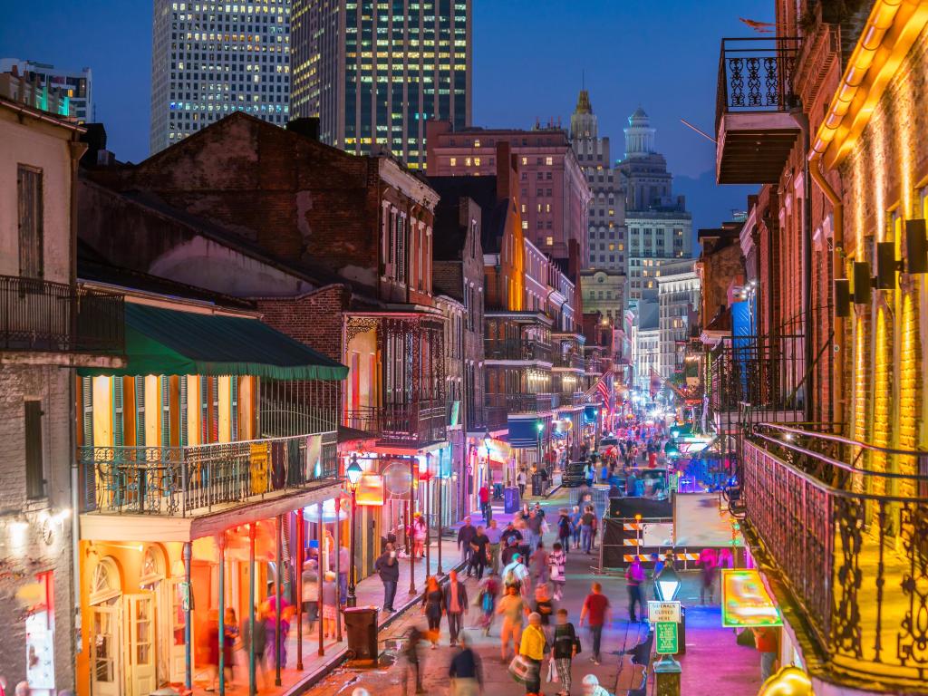 French Quarter, New Orleans, USA with the pubs and bars with neon lights taken at night. 