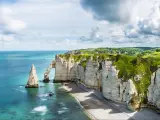 Beautiful Panorama in Etretat France. You can see the sea, beach, coast, Normandy, Atlantic Ocean, cliffs and rock in the photo.