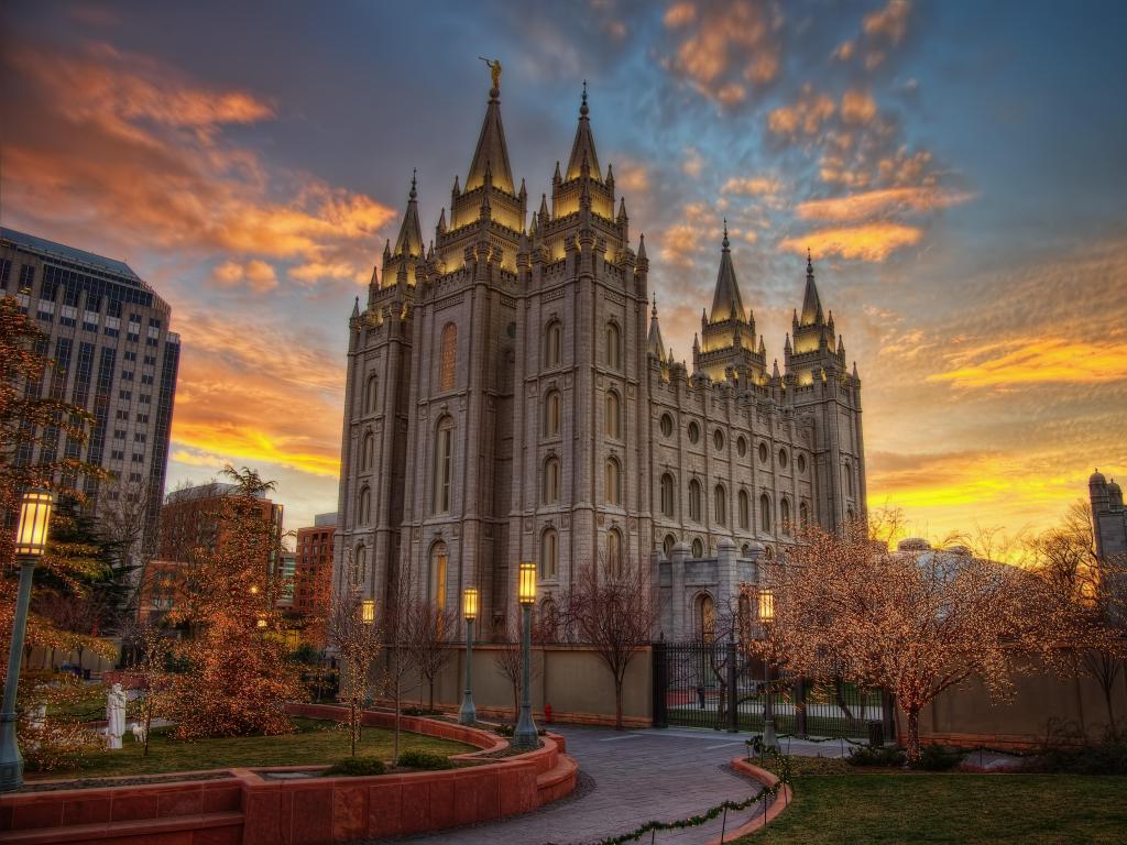 Salt Lake Temple, Salt Lake City, Utah. The photo depicts the largest Latter-day Saint temple by floor area at the sunset. 