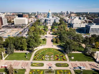 Colorado State Capitol building in Denver aerial view
