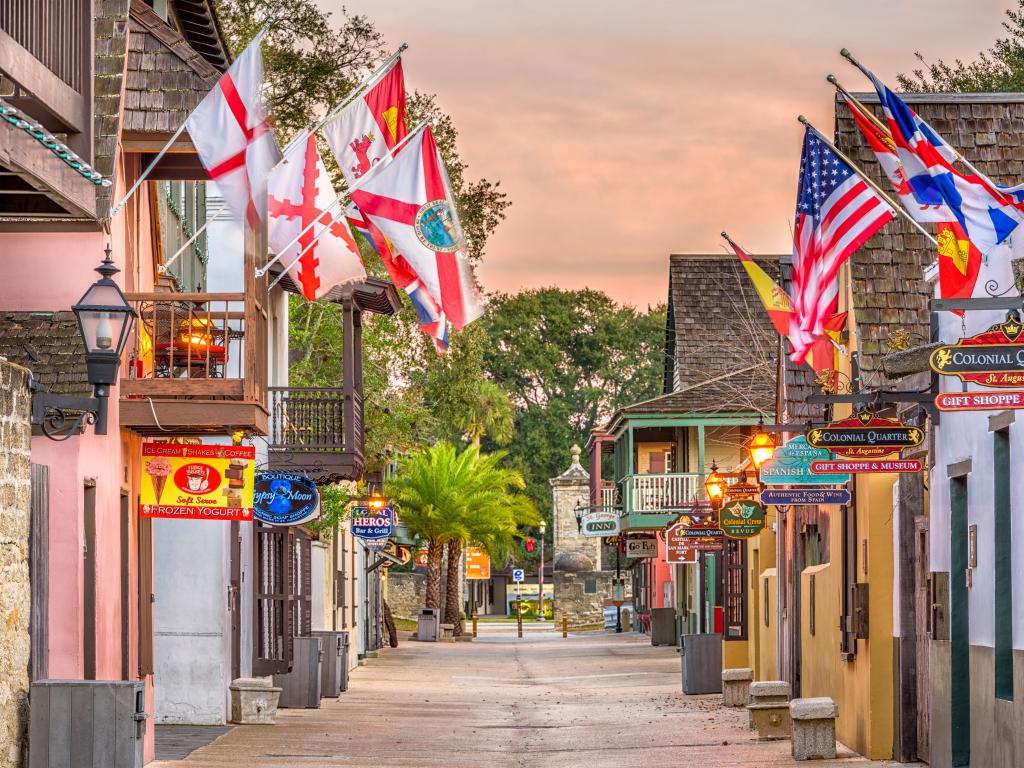 St. Augustine, Florida, USA with shops and inns line St. George. Once the main street, it is still considered the heart of the city. Taken at early sunset.