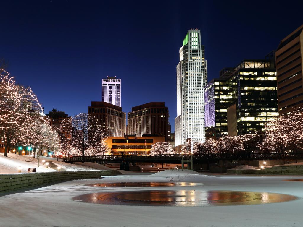 Omaha, Nebraska, USA taken at downtown Omaha shines with the holidays lights.