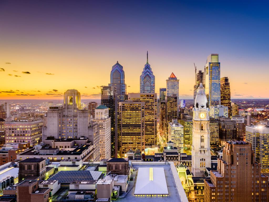 Philadelphia, Pennsylvania, USA downtown city skyline at dusk.