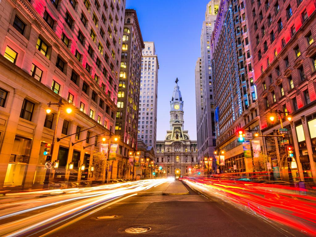 Philadelphia, Pennsylvania, USA downtown at city hall during evening rush hour.