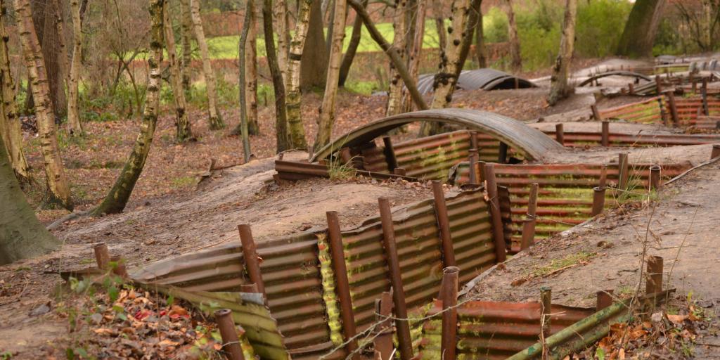 Preserved trenches at Sanctuary Wood, Belgium, with the sides held up by corrugated iron