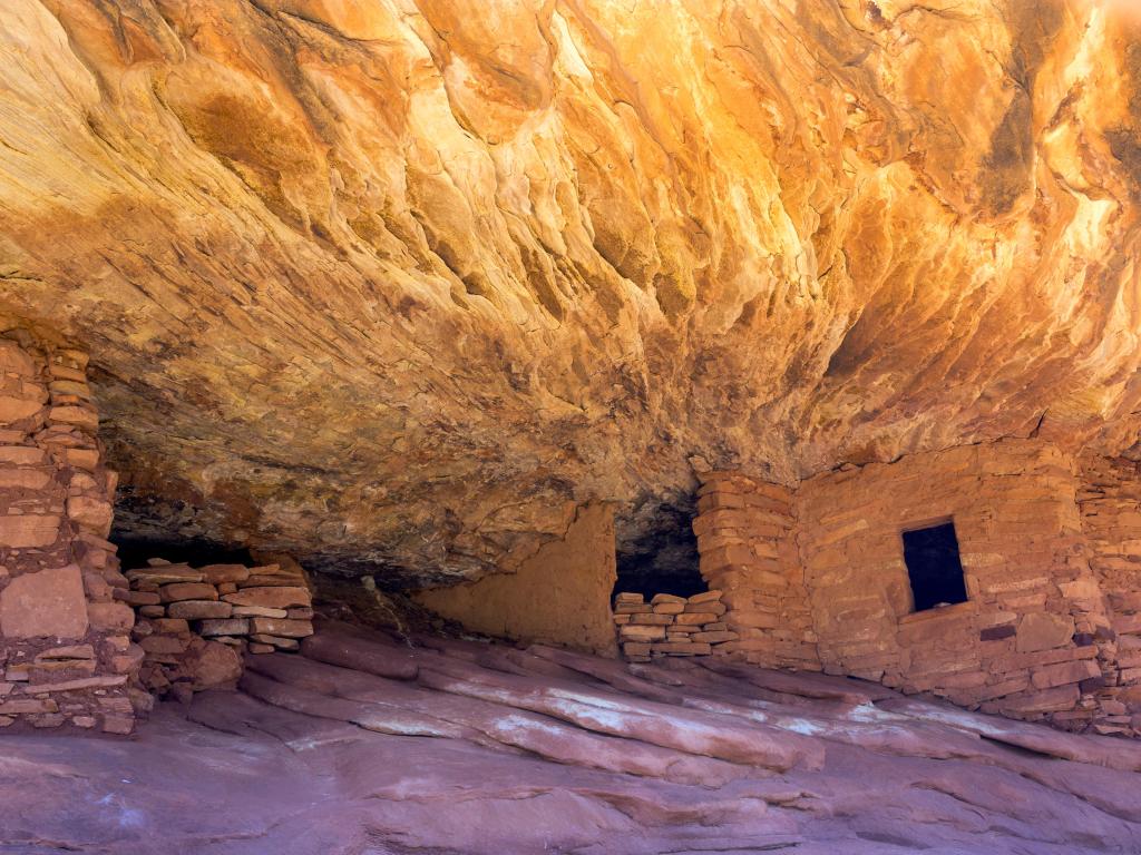 Close up image of House on Fire, Mule Canyon, Near Blanding, Utah, with warm stone and distinctive yellow carved stone 