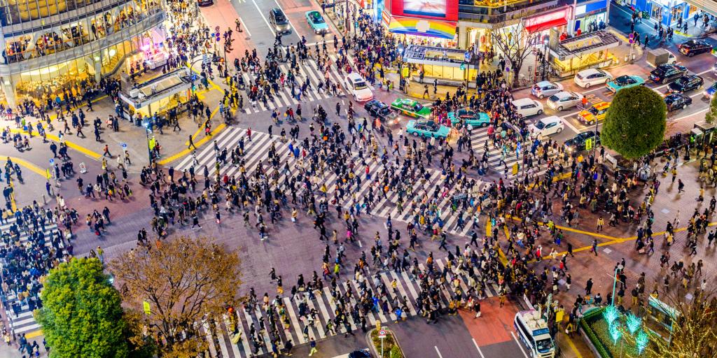 Crowds of people walking across the Shibuya Crossing, Tokyo 