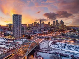 Downtown Denver, Colorado, USA Downtown Drone Skyline Aerial.