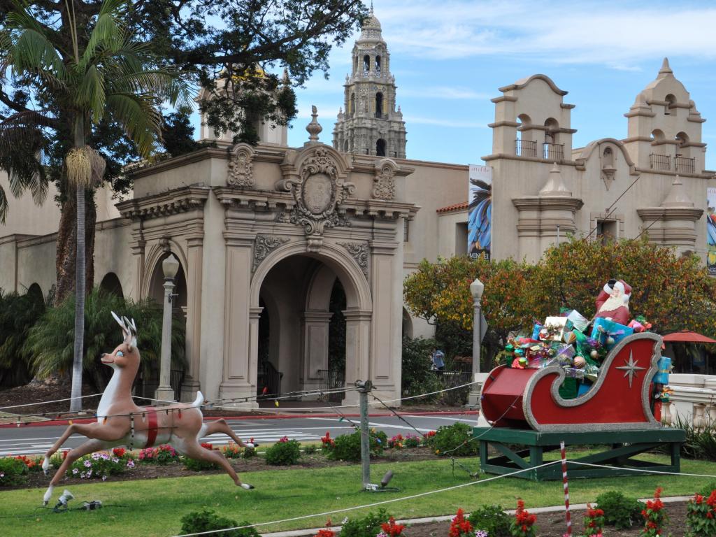 Christmas decorations at Balboa Park in San Diego. Santa with reindeer