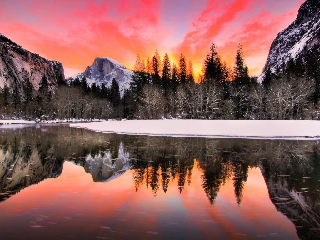 Nature Landscape of Yosemite National Park, California, USA.Yosemite National Park is in Sierra Nevada Area.In this landscape picture, you can see Half Dome, reflection, sunrise, and colorful sky